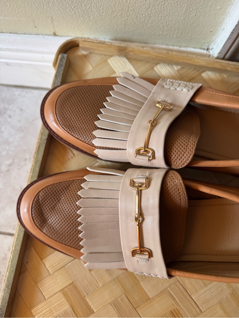Fringed Slip-On Loafers in Beige and Tan with Gold Bit